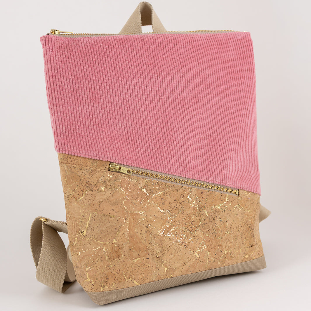 Mini-Rucksack Kork Natur Gold Cord Bubblegum mit Geheimfach - vegan und handgefertigt in Berlin | NOAS