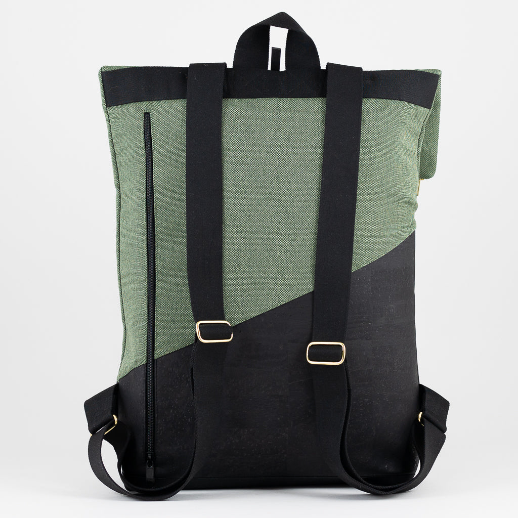 Großer Rolltop Rucksack Kork Schwarz Canvas Waldgrün mit Laptopfach - vegan und handgefertigt in Berlin | NOAS