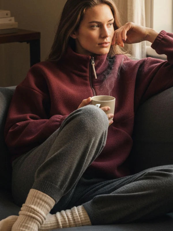 Half-Zip FRIDA – Fleecepulli aus Bio-Baumwolle in Bordeaux