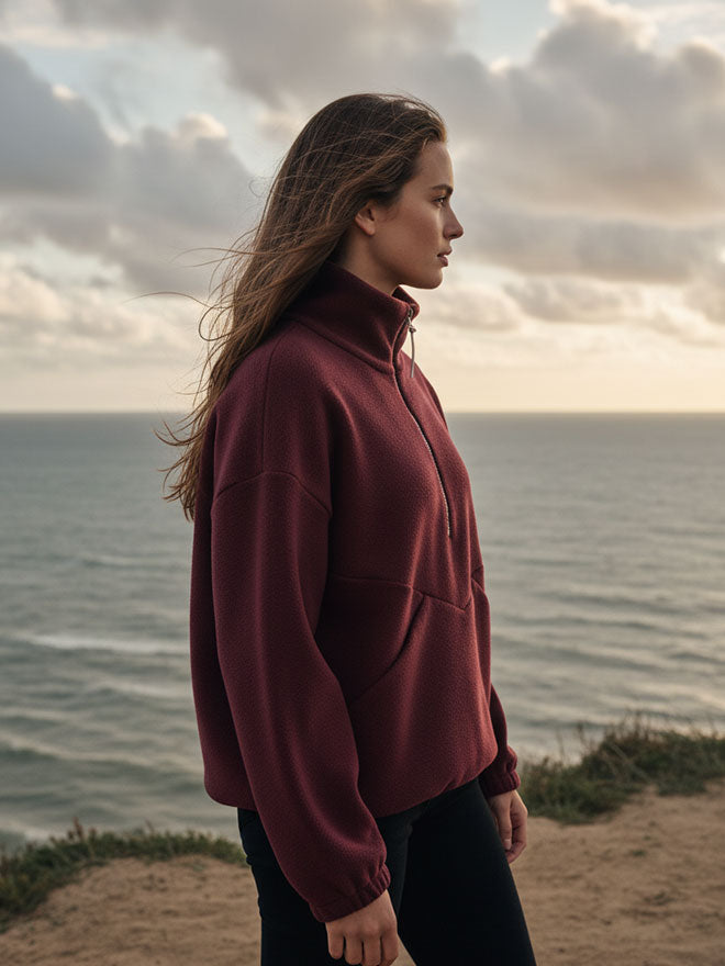 Half-Zip FRIDA – Fleecepulli aus Bio-Baumwolle in Bordeaux