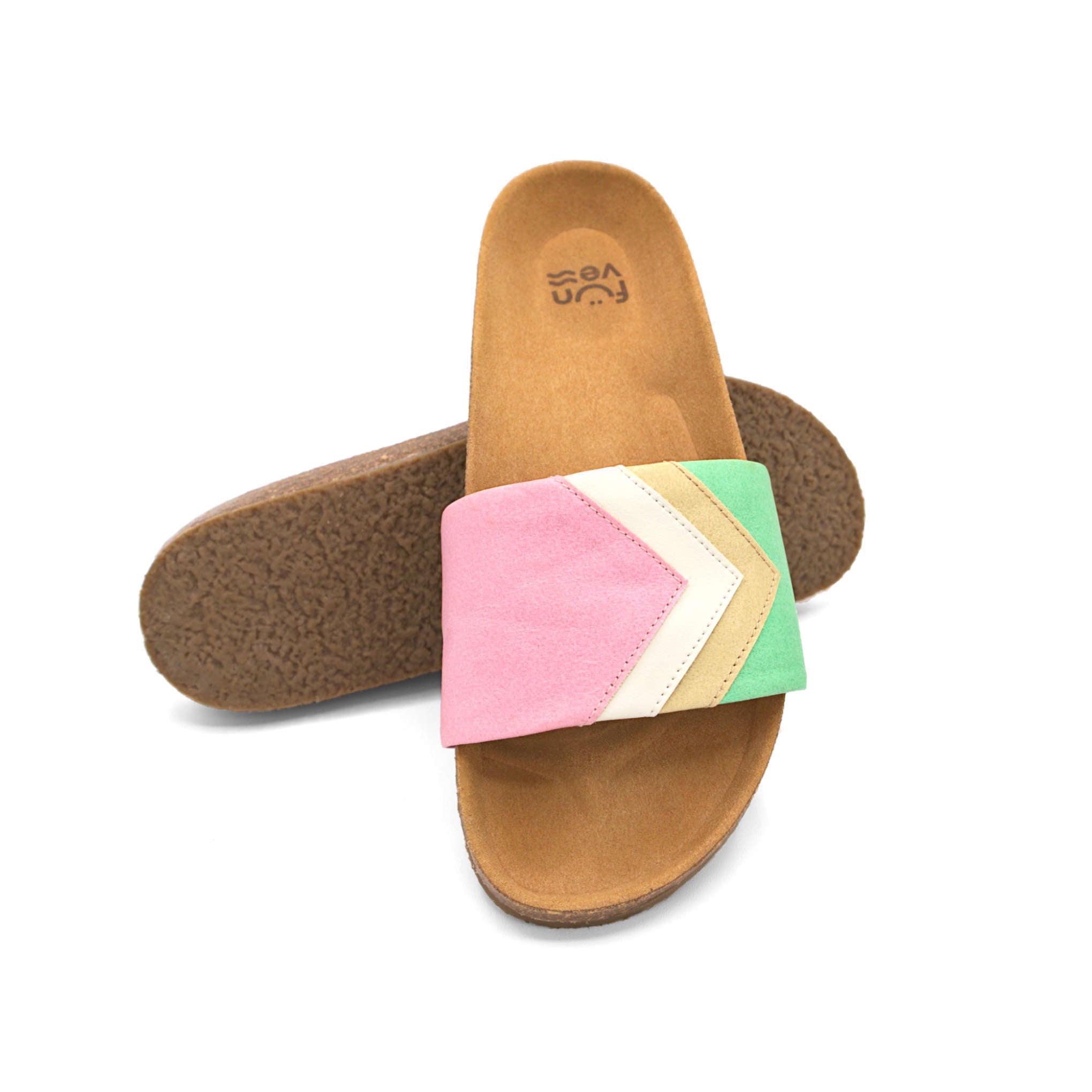 Rosa Sandalen; vegan mit Fußbett; Farben Erdbeerpink, Weiß, Nude, Mint; Marke Fünve; Modell Strawberry; gestapelt