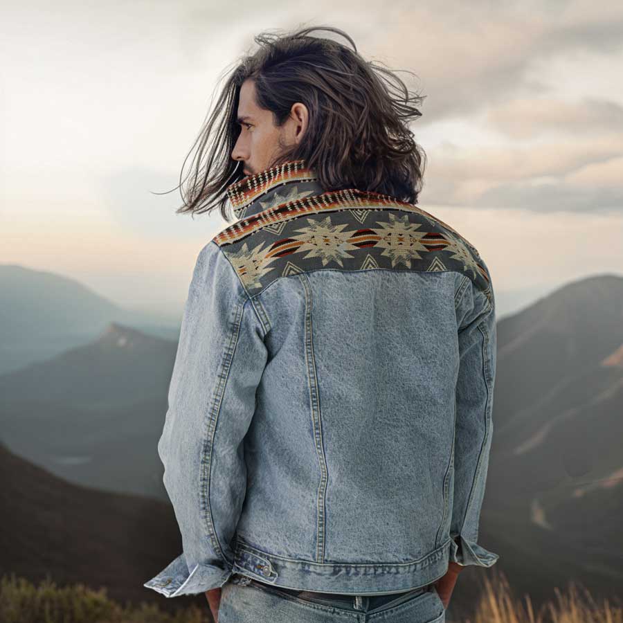 Boho Jeansjacke für Herren aus den Anden- fair und nachhaltig, Ethno Kuscheldecken, Jacke mit geometrishe Muster