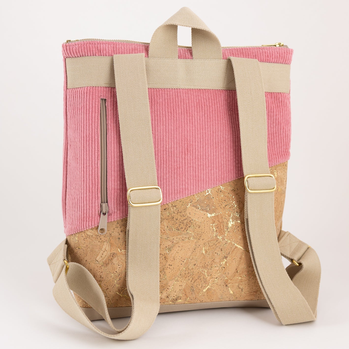 Mini-Rucksack Kork Natur Gold Cord Bubblegum mit Geheimfach - vegan und handgefertigt in Berlin | NOAS