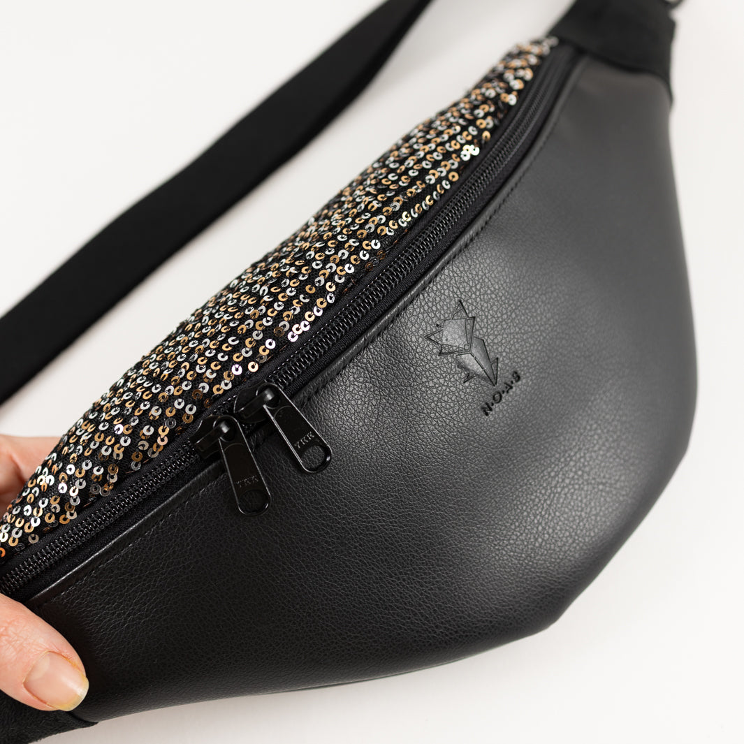 NOAS Bauchtasche Pailetten Silber Gold Schwarz – Size L mit Reißverschlusstasche