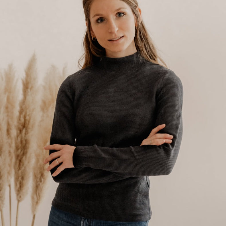 Stehkragen Longsleeve CLARA aus Bio-Baumwolle - Schwarz