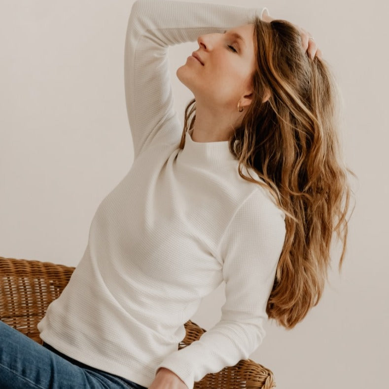Stehkragen Longsleeve CLARA aus Bio-Baumwolle - Weiß