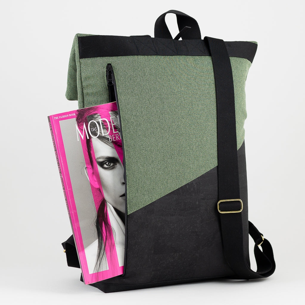 Großer Rolltop Rucksack Kork Schwarz Canvas Waldgrün mit Laptopfach