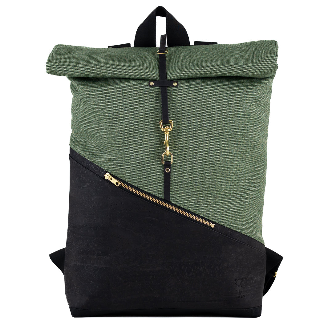 Großer Rolltop Rucksack Kork Schwarz Canvas Waldgrün mit Laptopfach