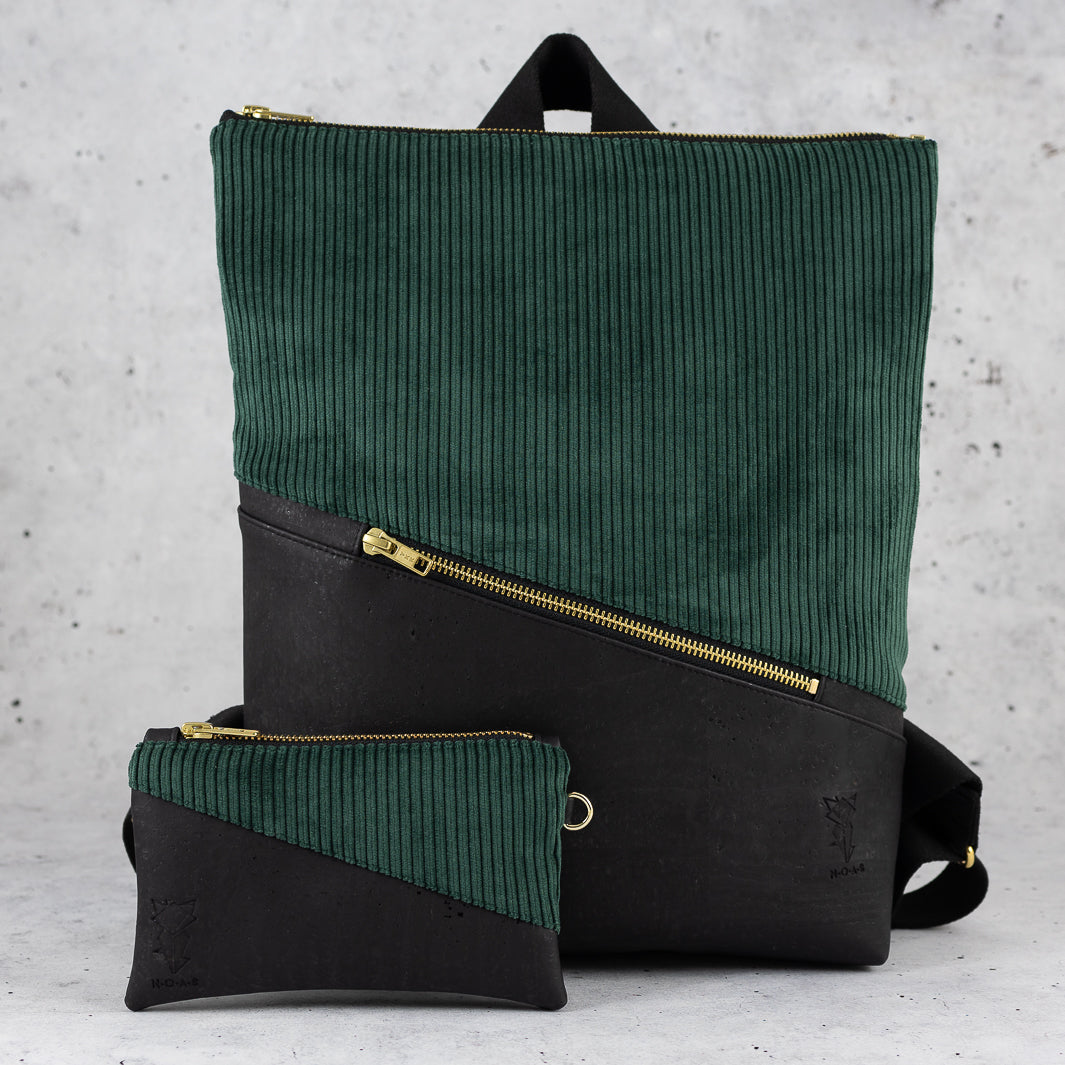 Mini-Geldbörse mit Kartenfächern Kork Schwarz CORD Waldgrün