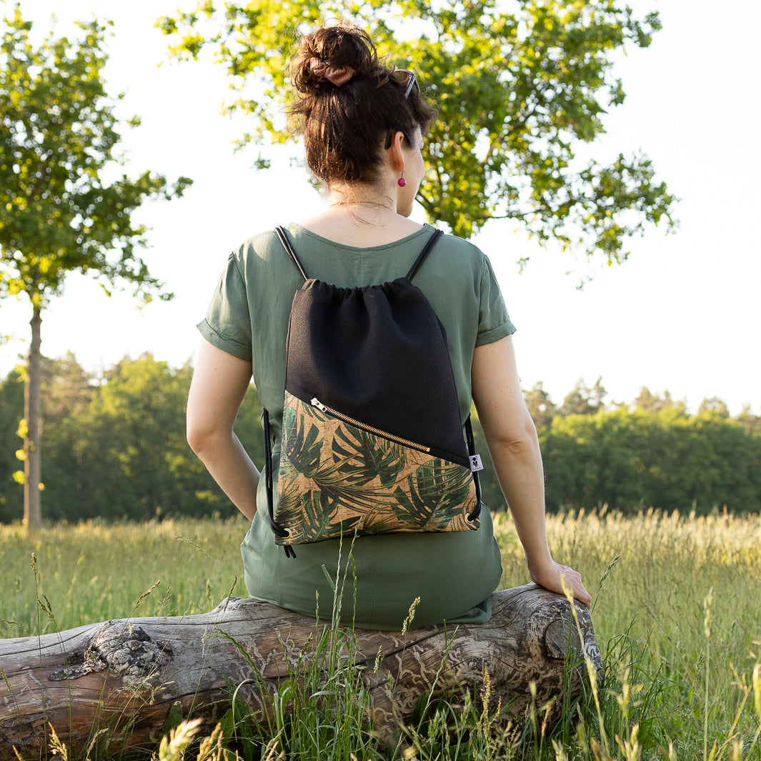 Turnbeutel Kork Natur Monstera Canvas Schwarz