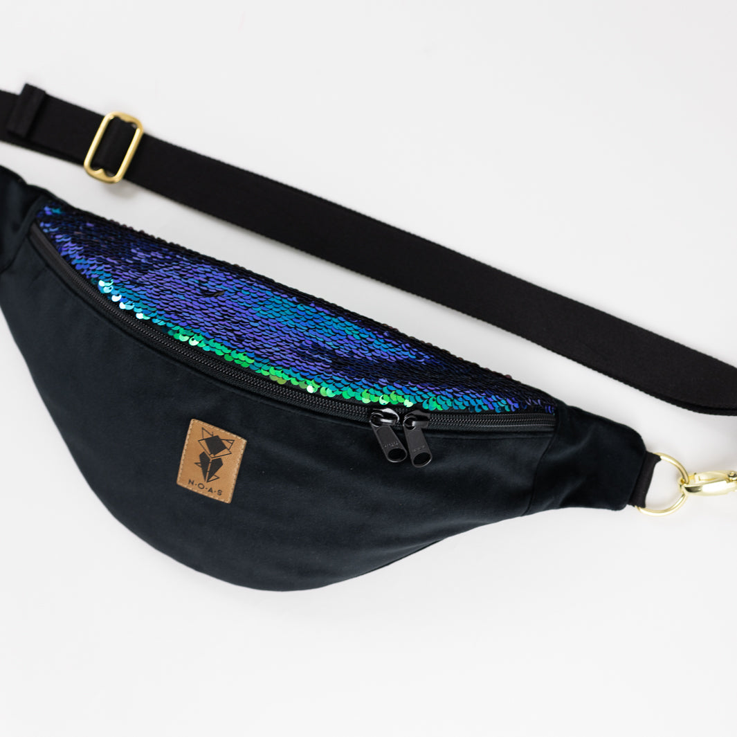 NOAS Bauchtasche Pailletten Samt Schwarz - Size L mit Reißverschlusstasche