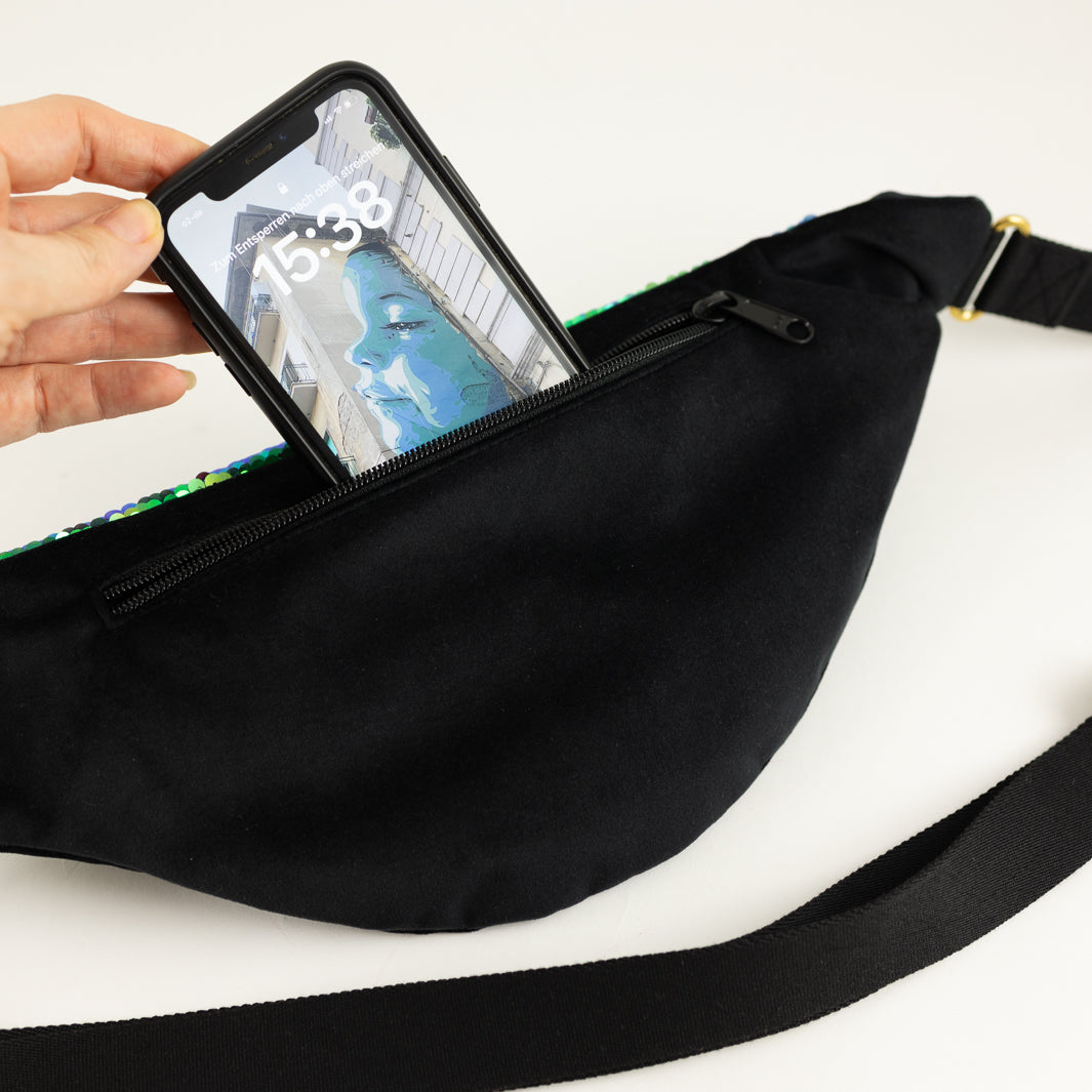 NOAS Bauchtasche Pailletten Samt Schwarz - Size L mit Reißverschlusstasche