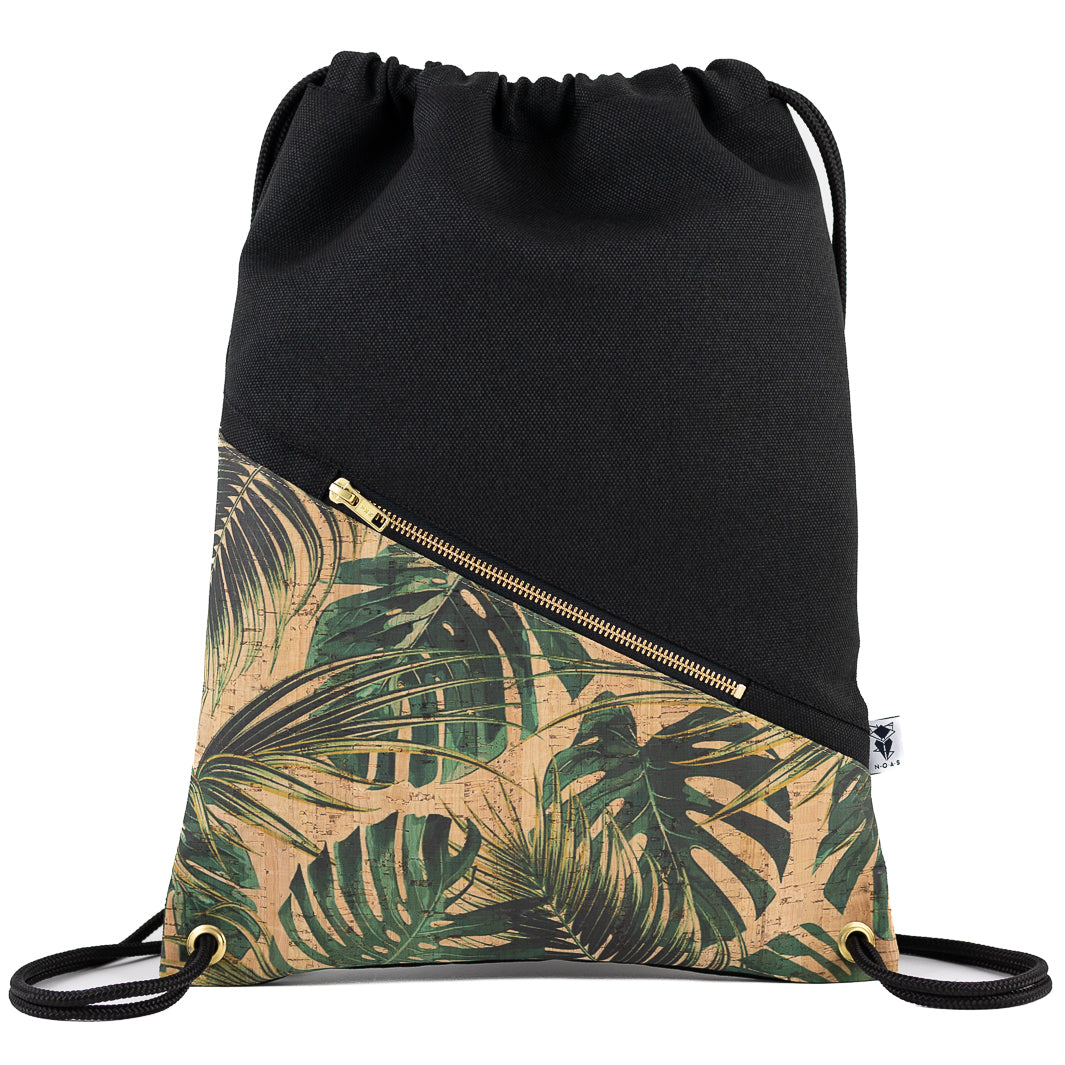 Turnbeutel Kork Natur Monstera Canvas Schwarz
