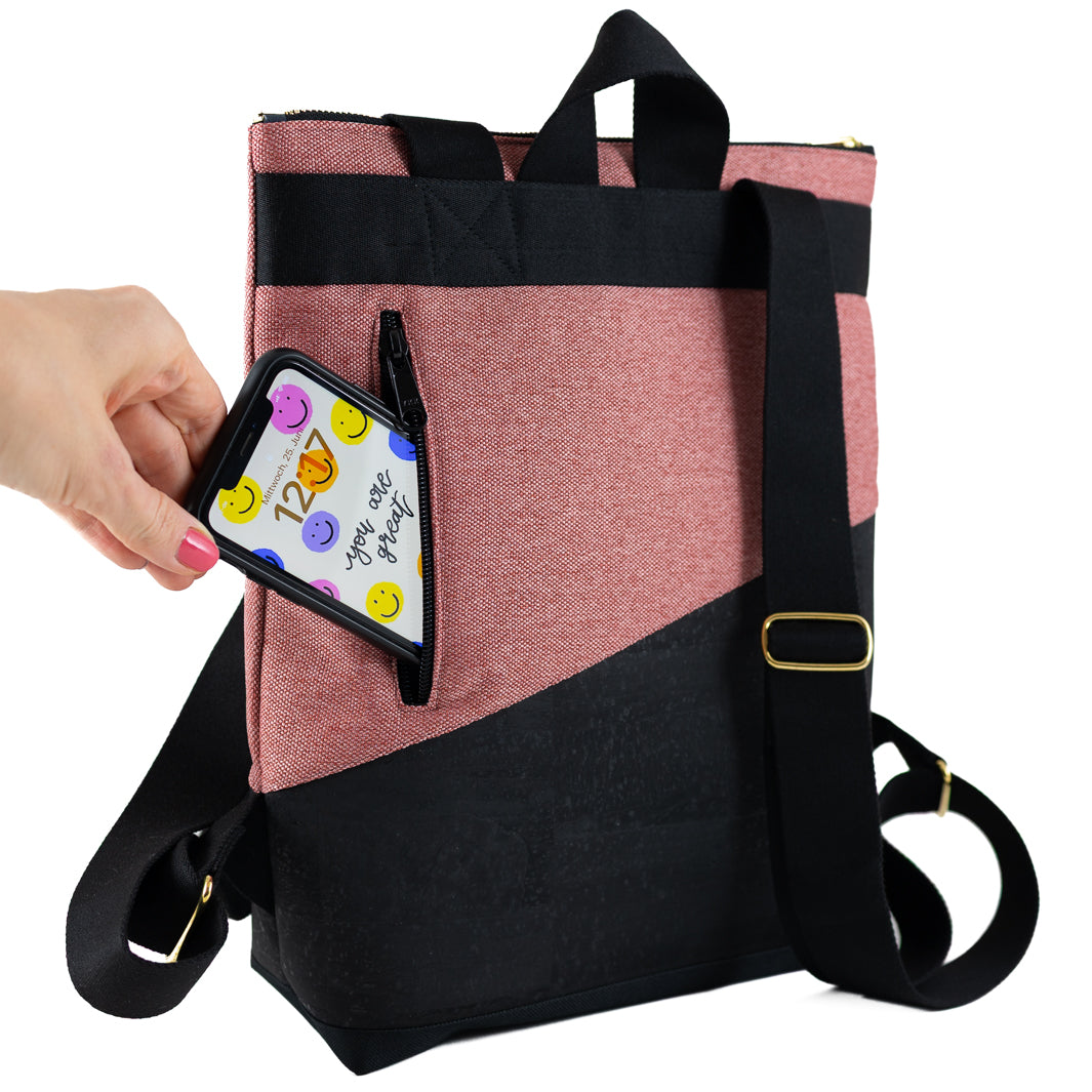 Mini-Rucksack Kork Schwarz Canvas Altrosa mit Geheimfach