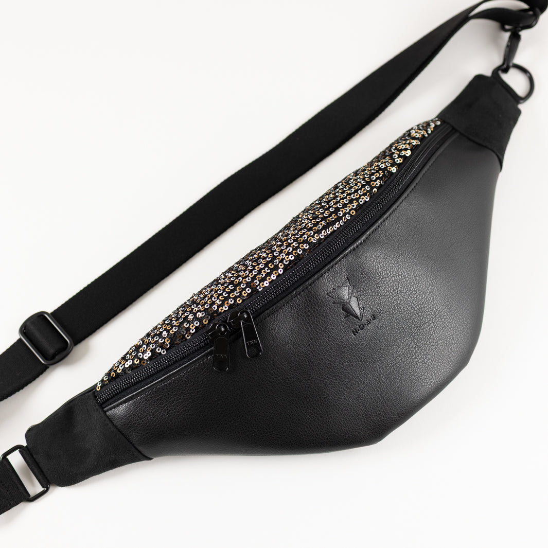 NOAS Bauchtasche Pailetten Silber Gold Schwarz – Size L mit Reißverschlusstasche