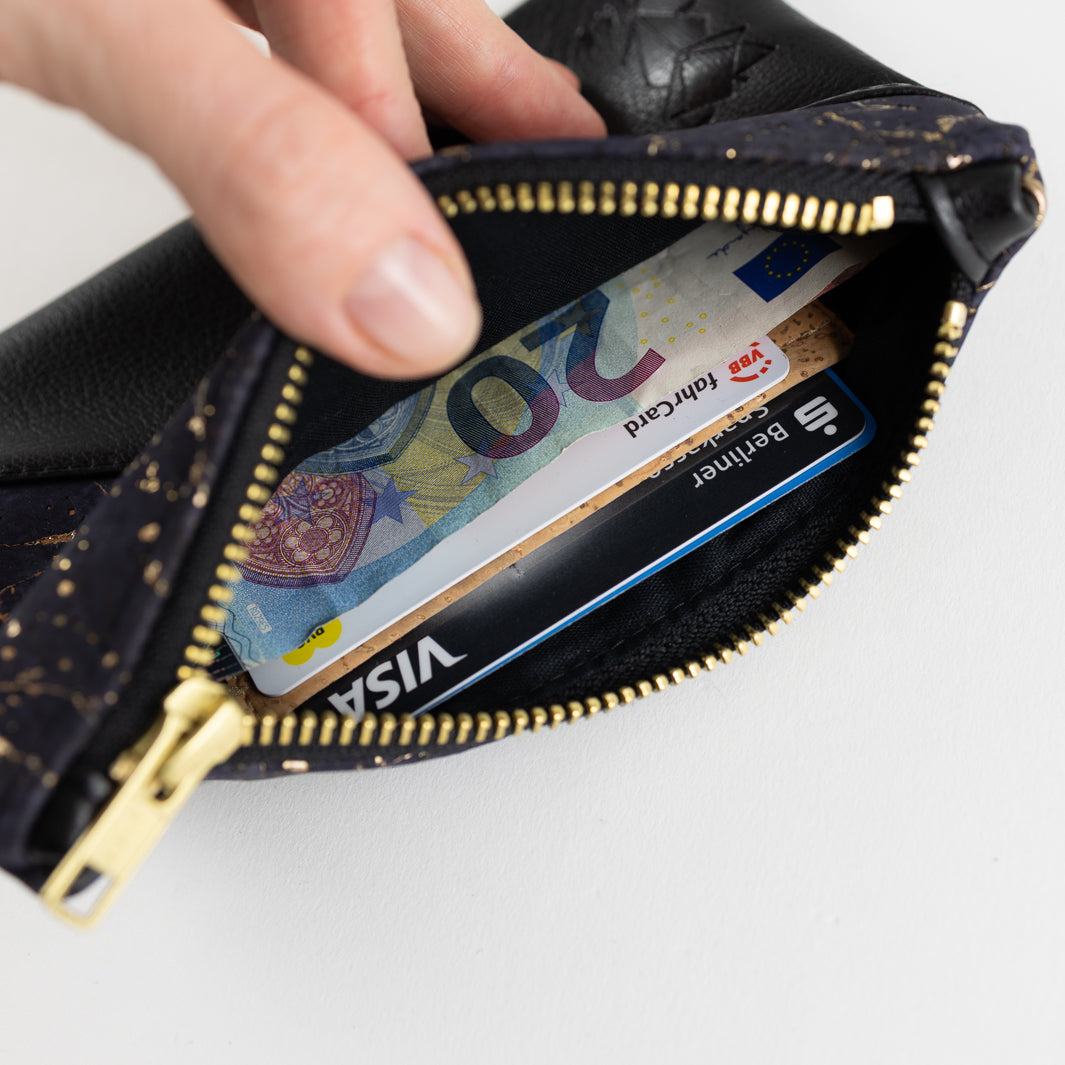 Mini-Geldbörse mit Kartenfächern Kork Schwarz CORD Waldgrün