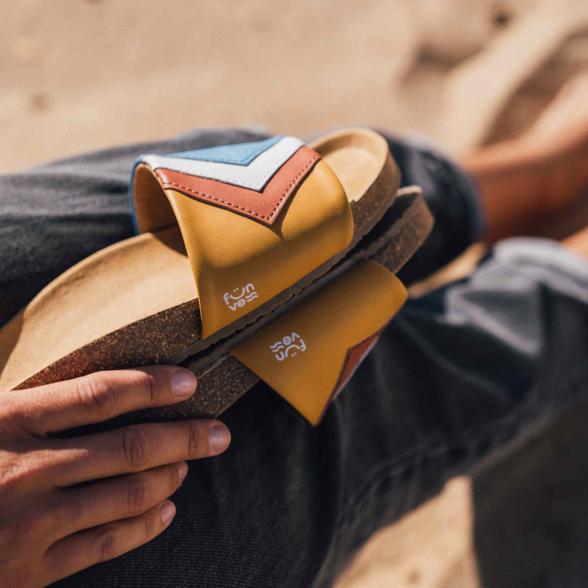 Blaue Sandalen Damen Herren SKY Azur, Weiß, Terracotta, Senf - vegan, mit Fußbett | Fünve