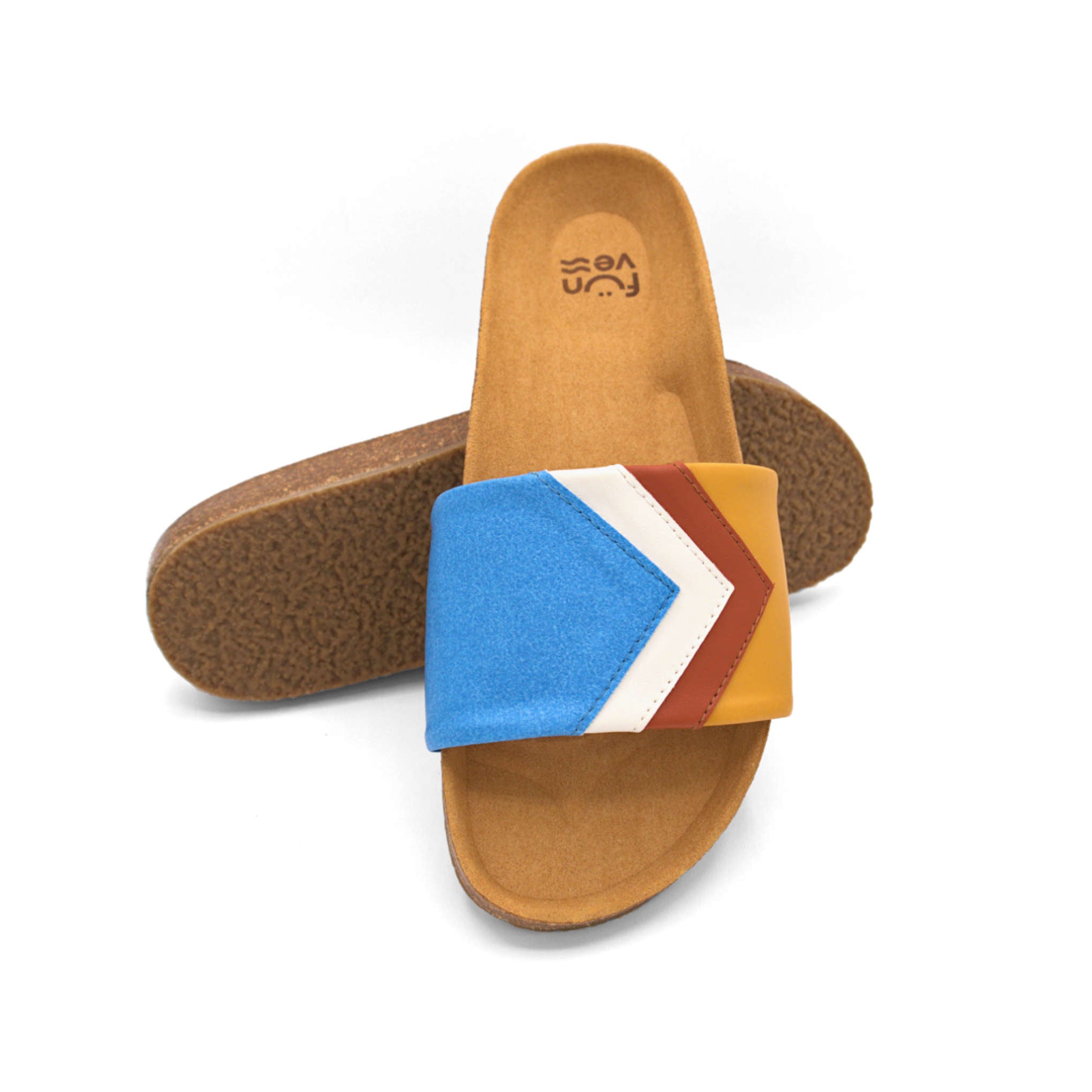 'SKY' - Blaue Sandalen in Azur, Weiß, Terracotta, Senf - vegan