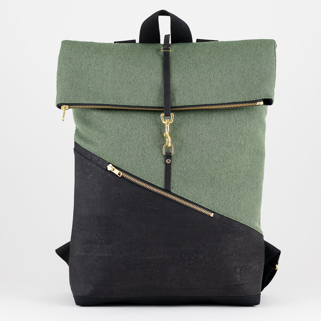 Großer Rolltop Rucksack Kork Schwarz Canvas Waldgrün mit Laptopfach - vegan und handgefertigt in Berlin | NOAS
