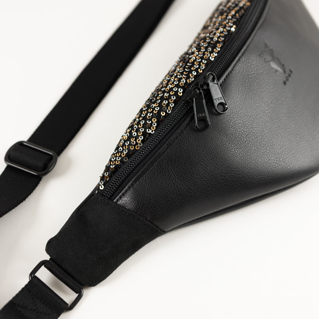 NOAS Bauchtasche Pailetten Silber Gold Schwarz – Size L mit Reißverschlusstasche