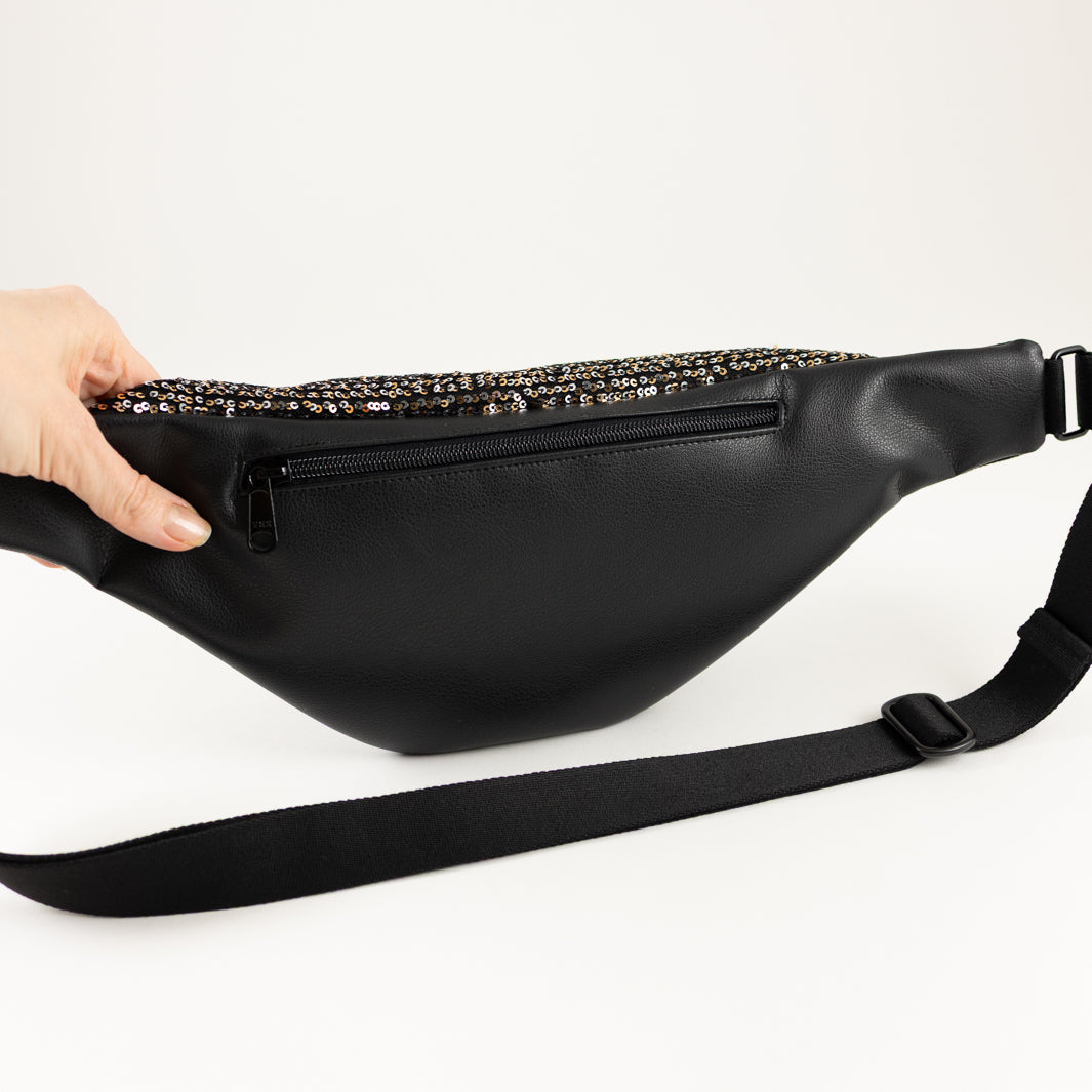 NOAS Bauchtasche Pailetten Silber Gold Schwarz – Size L mit Reißverschlusstasche