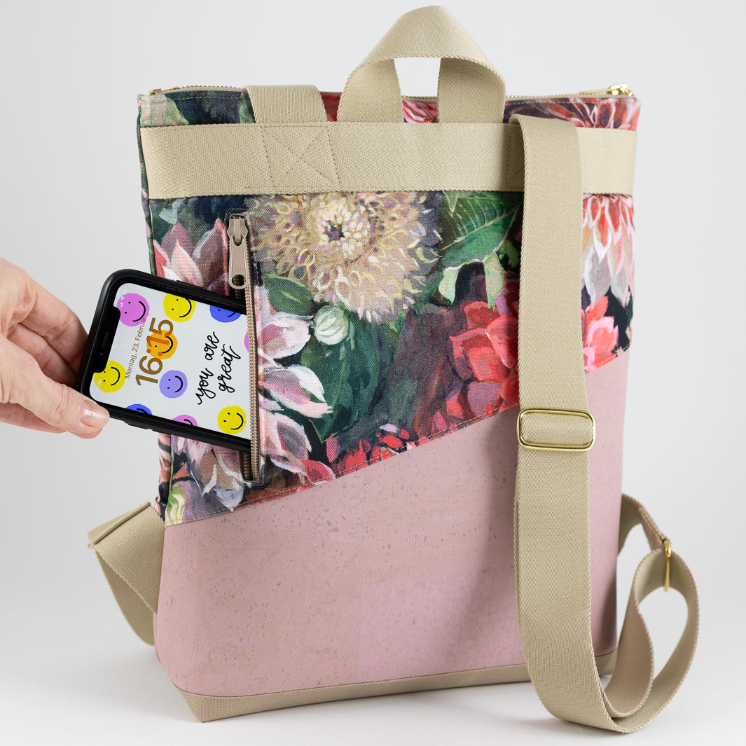 Mini-Rucksack Spring Blossom Kork Rosa mit Geheimfach - vegan und handgefertigt in Berlin | NOAS