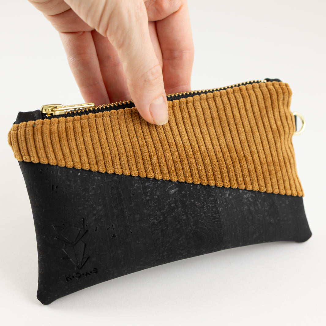 Mini-Geldbörse mit Kartenfächern Kork Schwarz CORD Honiggelb