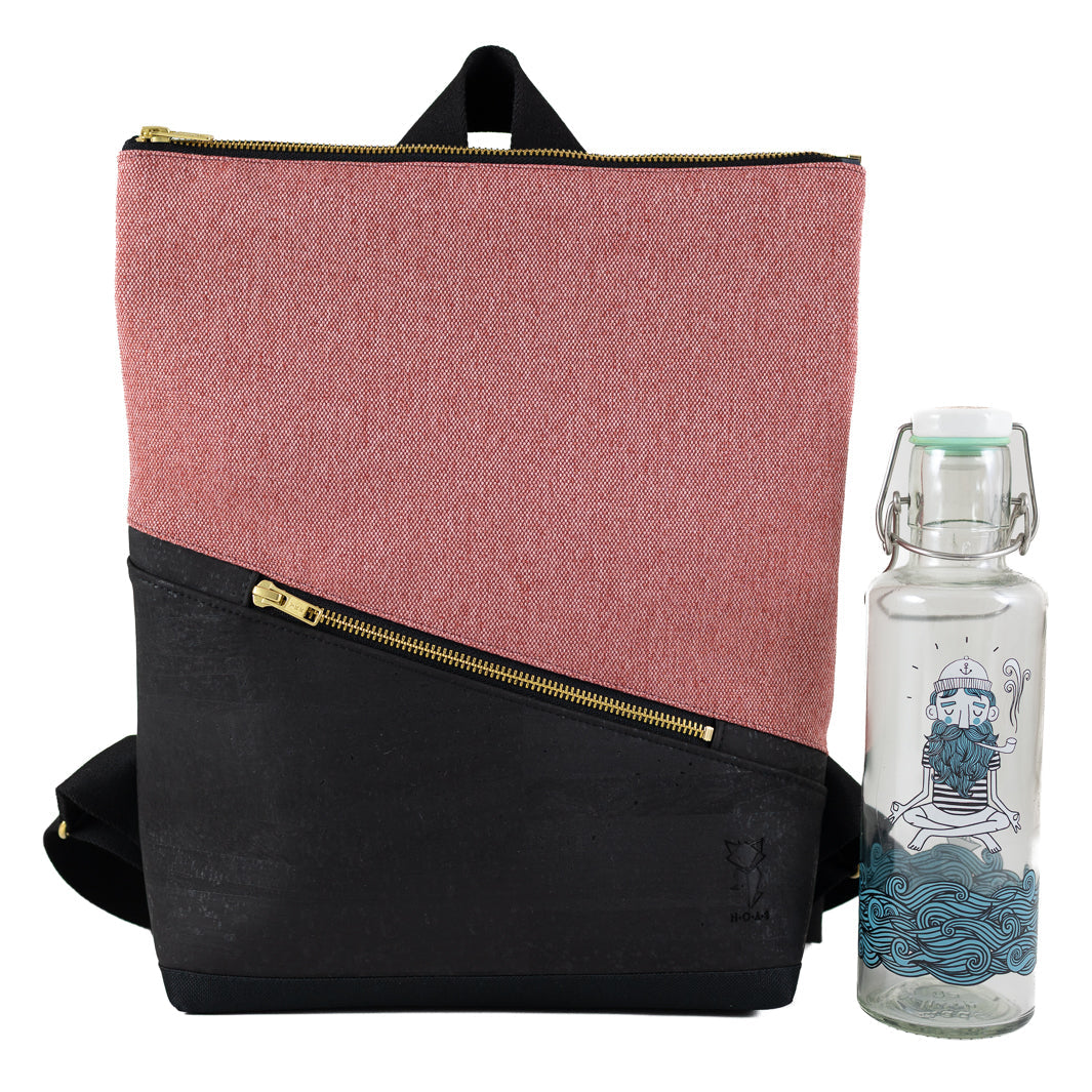 Mini-Rucksack Kork Schwarz Canvas Altrosa mit Geheimfach