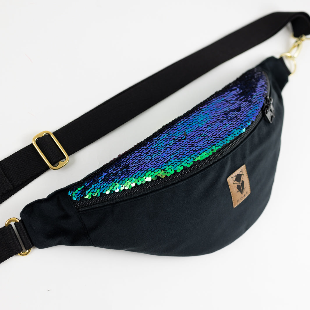 NOAS Bauchtasche Pailletten Samt Schwarz - Size L mit Reißverschlusstasche