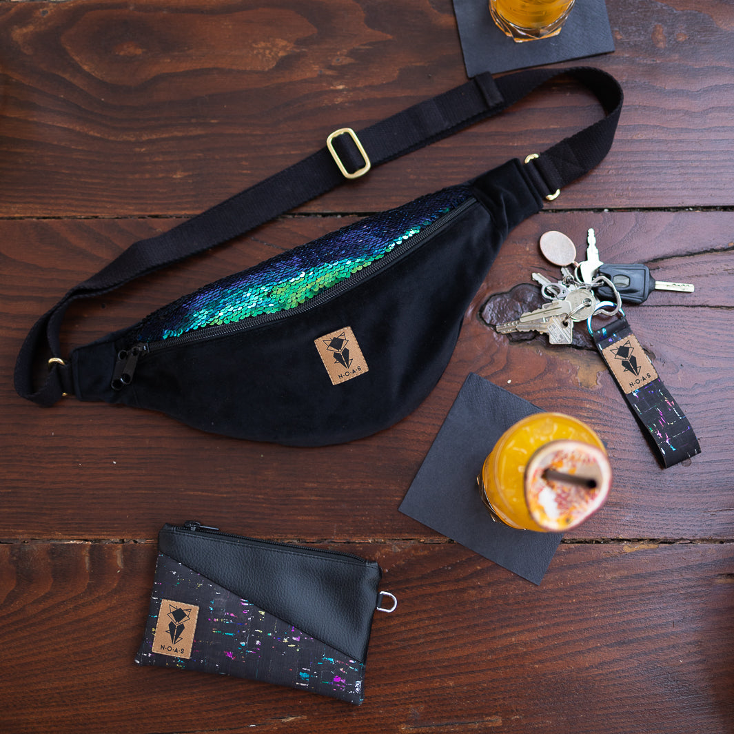 NOAS Bauchtasche Pailletten Samt Schwarz - Size L mit Reißverschlusstasche