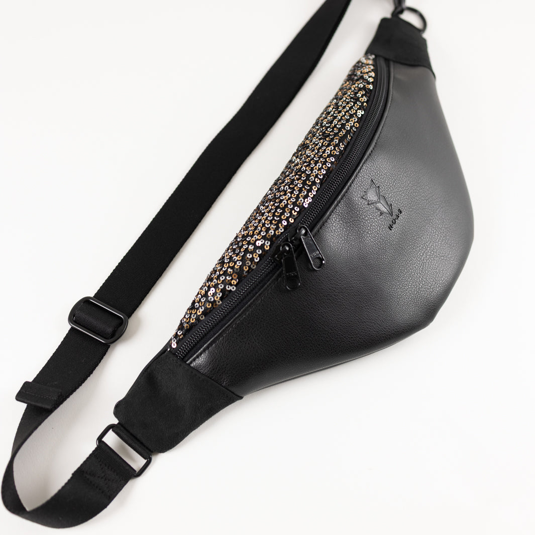 NOAS Bauchtasche Pailetten Silber Gold Schwarz – Size L mit Reißverschlusstasche