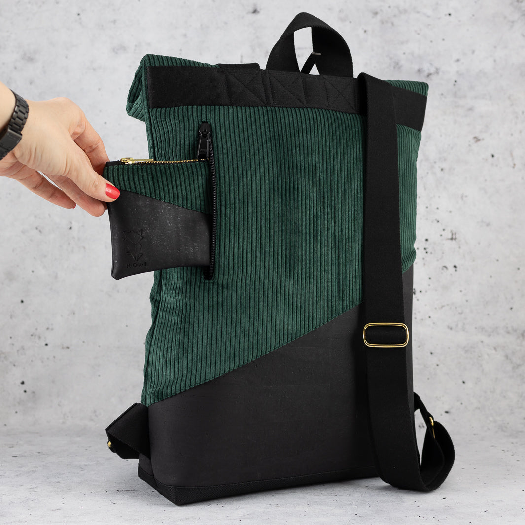 Mini-Geldbörse mit Kartenfächern Kork Schwarz CORD Waldgrün