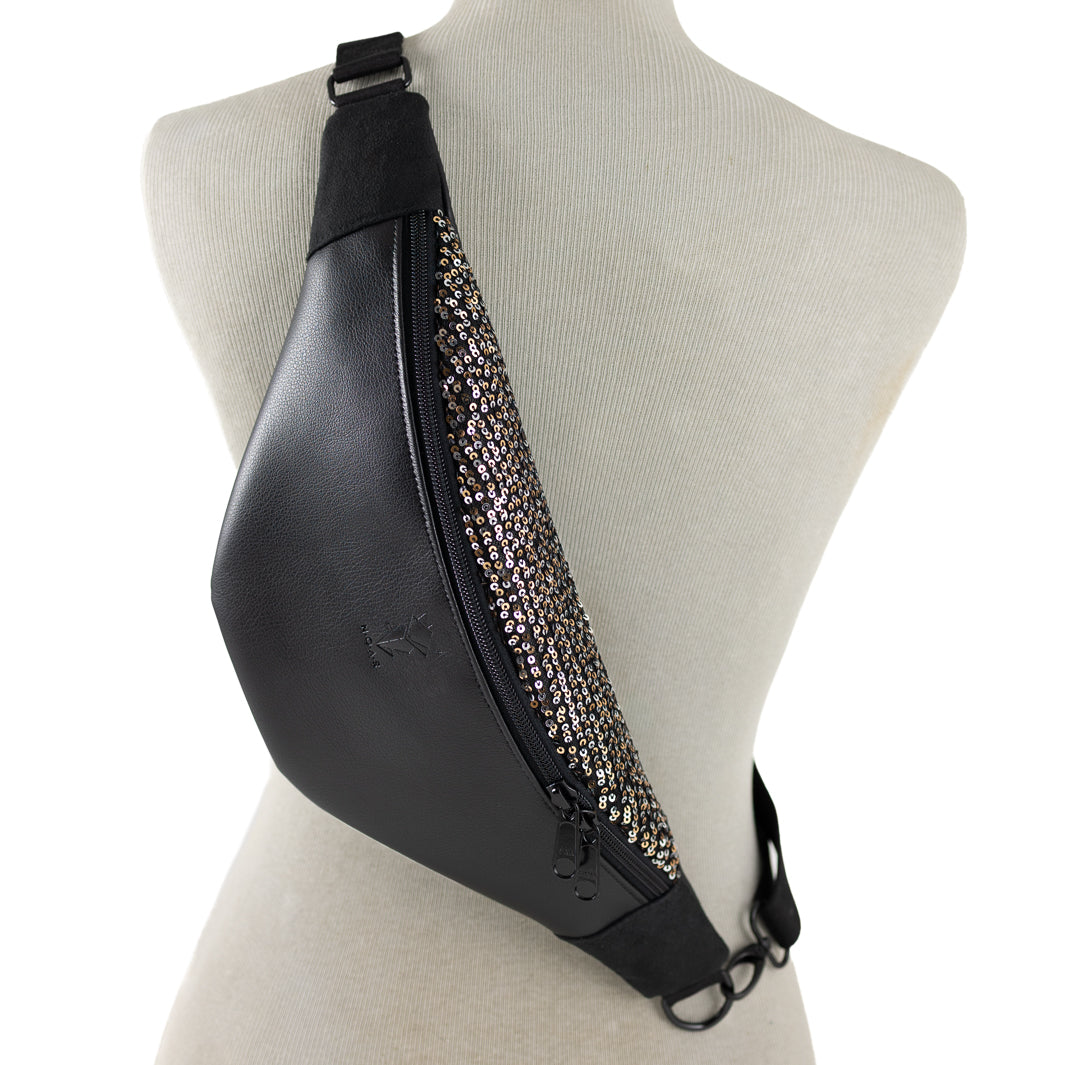 NOAS Bauchtasche Pailetten Silber Gold Schwarz – Size L mit Reißverschlusstasche