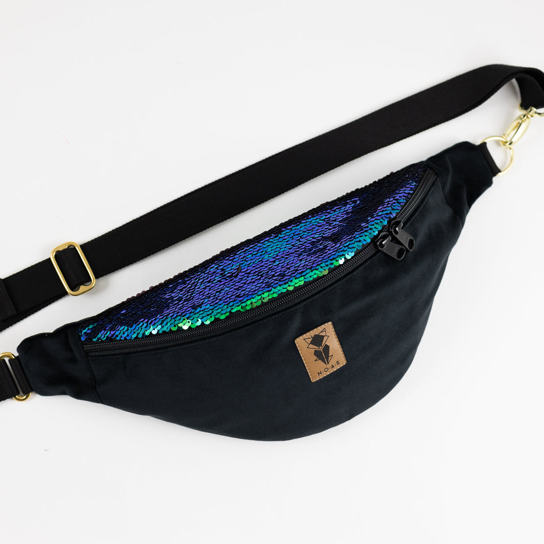 NOAS Bauchtasche Pailletten Samt Schwarz - Size L mit Reißverschlusstasche