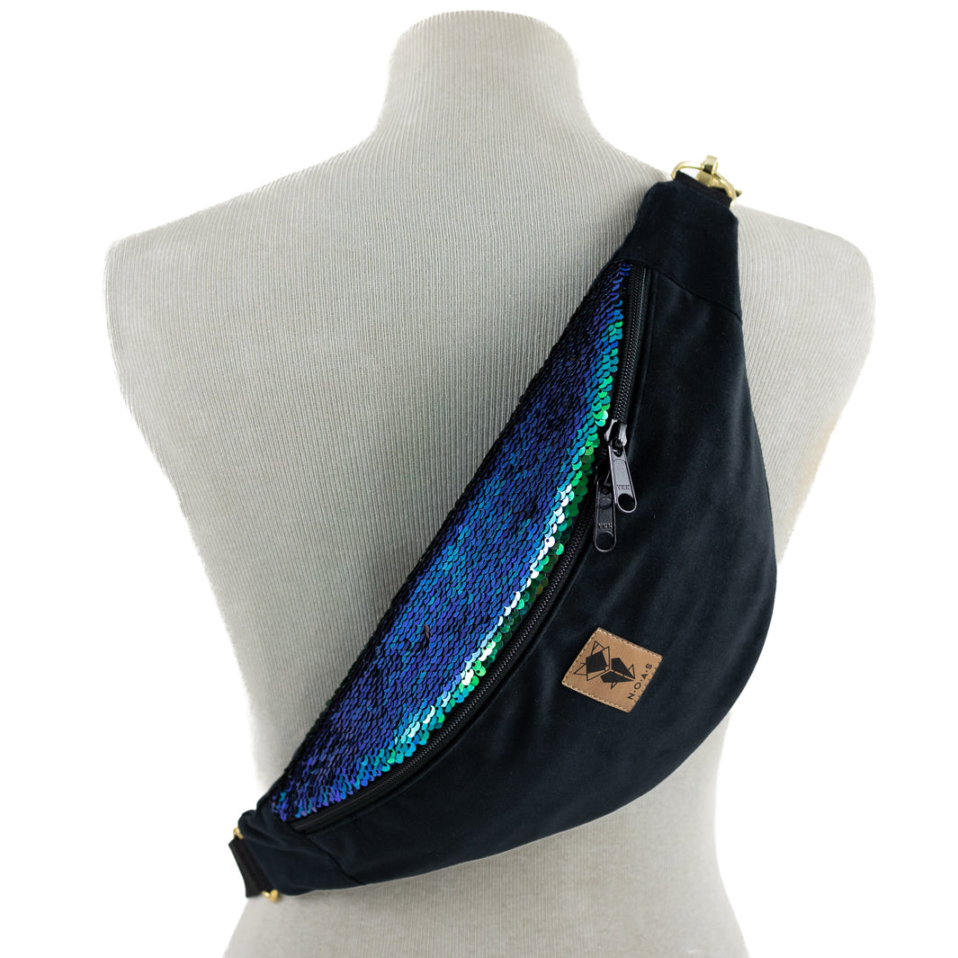 NOAS Bauchtasche Pailletten Samt Schwarz - Size L mit Reißverschlusstasche