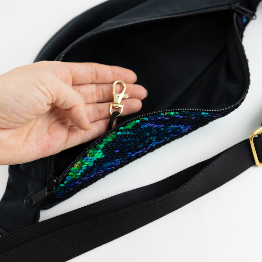 NOAS Bauchtasche Pailletten Samt Schwarz - Size L mit Reißverschlusstasche