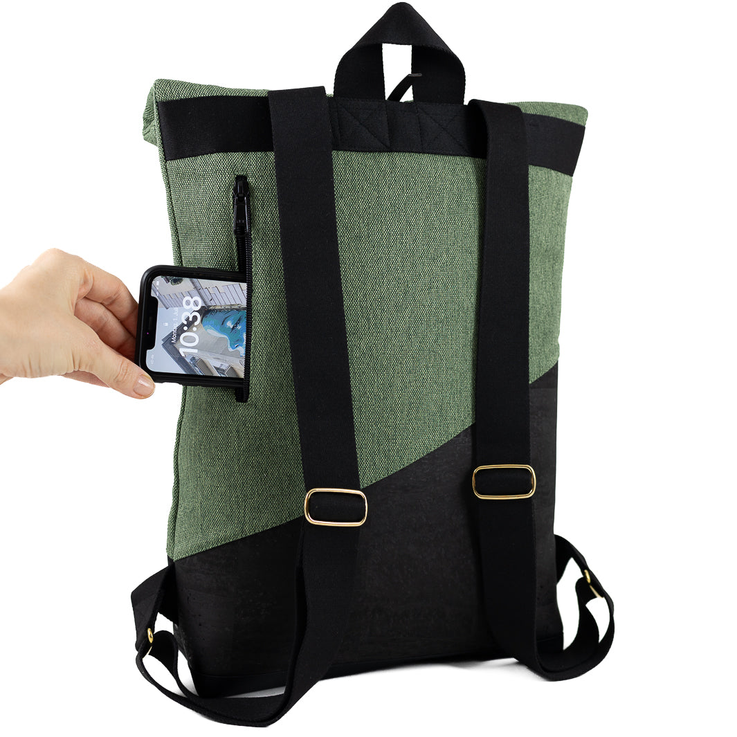 Kleiner Rolltop Rucksack Kork Schwarz Canvas Waldgrün mit Geheimfach