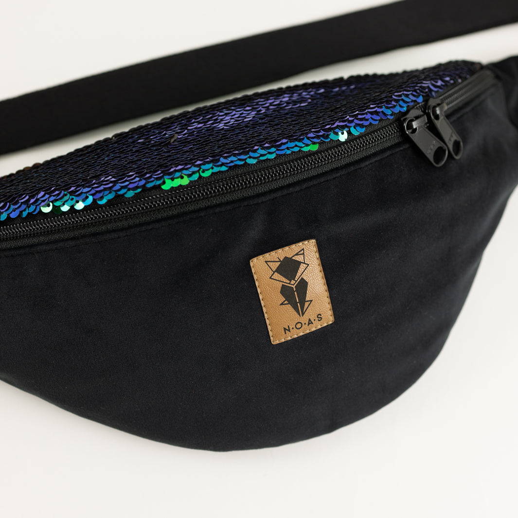 NOAS Bauchtasche Pailletten Samt Schwarz - Size L mit Reißverschlusstasche