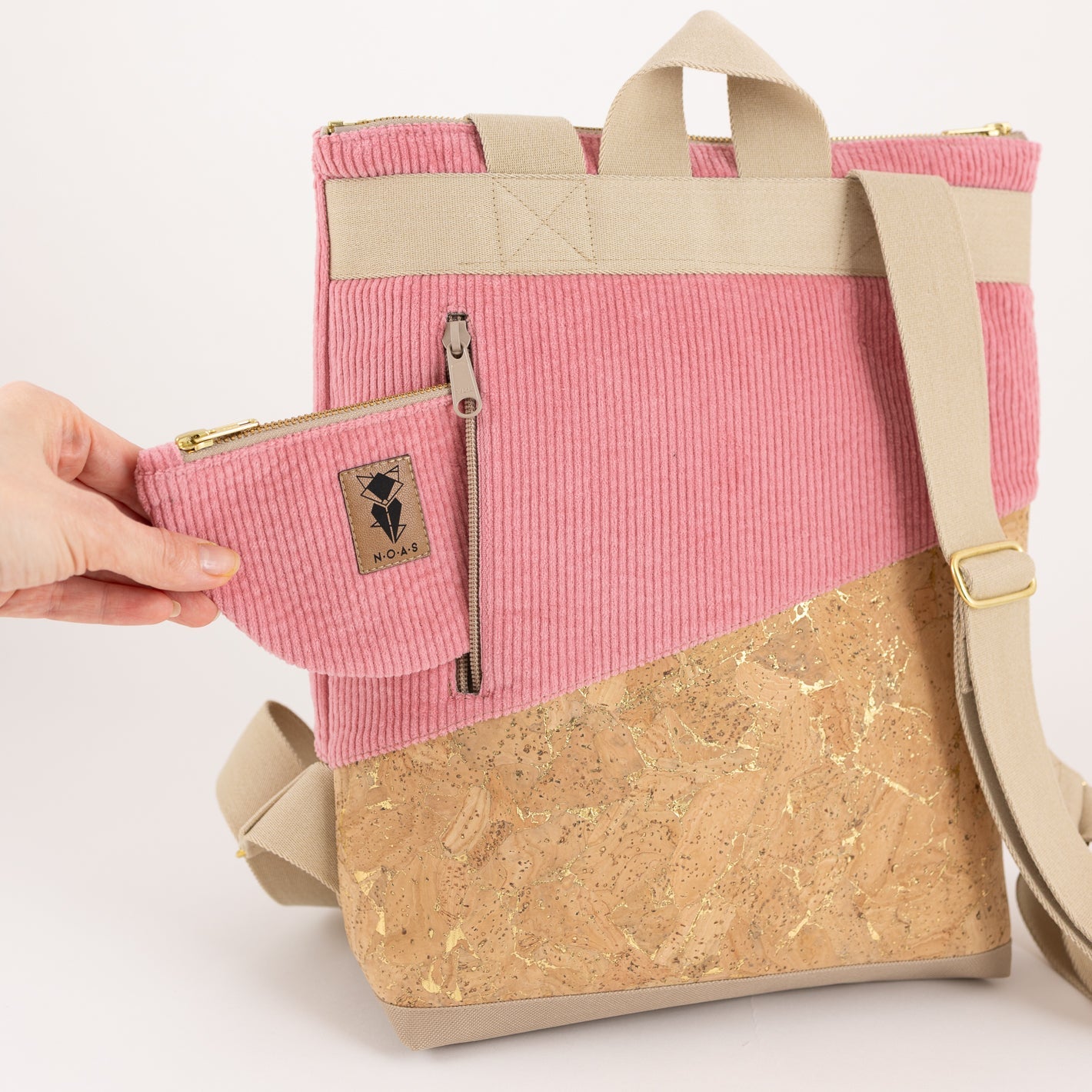 Mini-Rucksack Kork Natur Gold Cord Bubblegum mit Geheimfach - vegan und handgefertigt in Berlin | NOAS