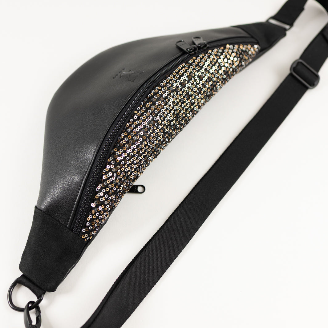 NOAS Bauchtasche Pailetten Silber Gold Schwarz – Size L mit Reißverschlusstasche