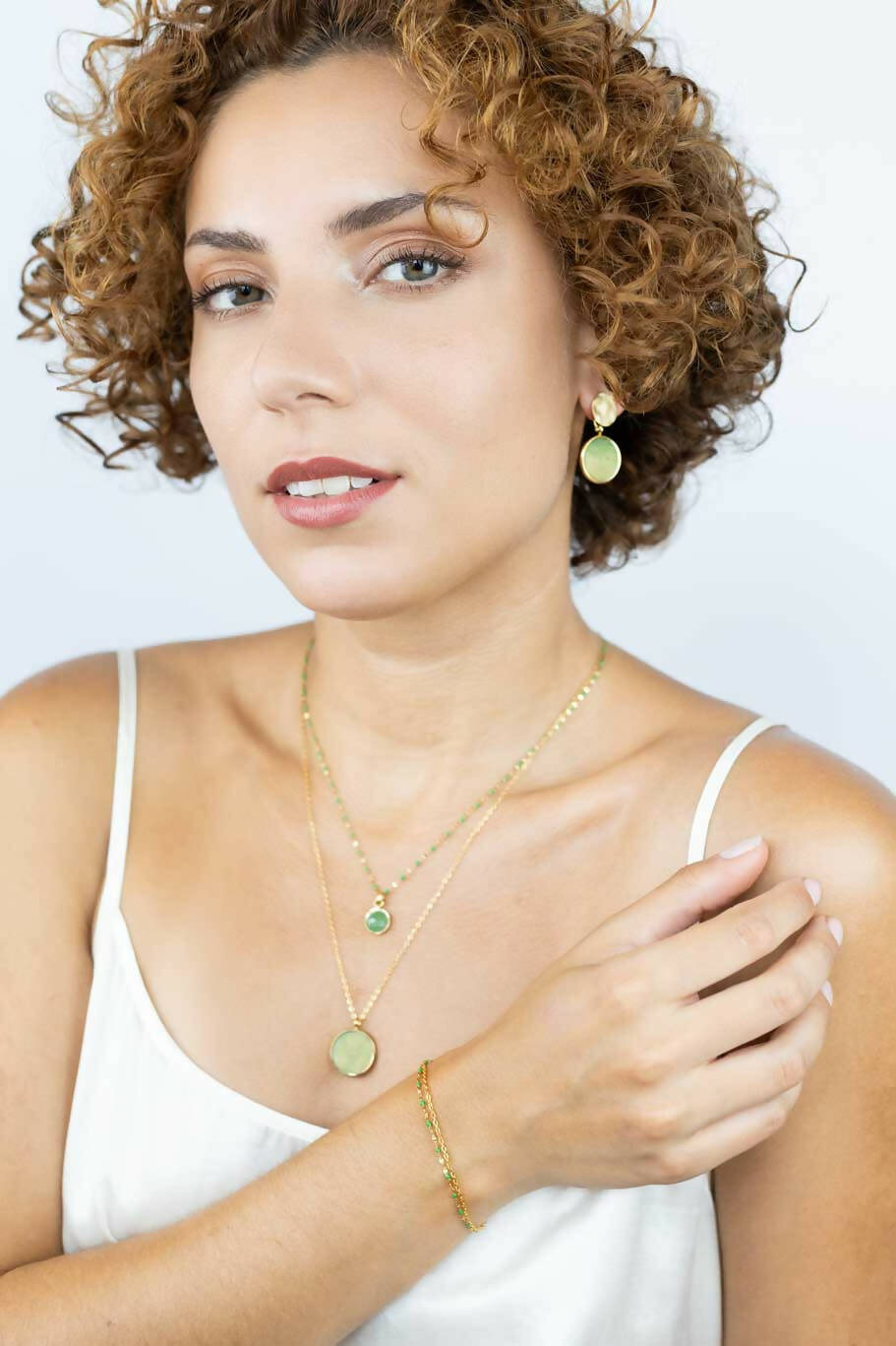Vergoldete Edelstahl Beach Kette 02 und Ohrringe mit grüner Jade – Sergio Engel