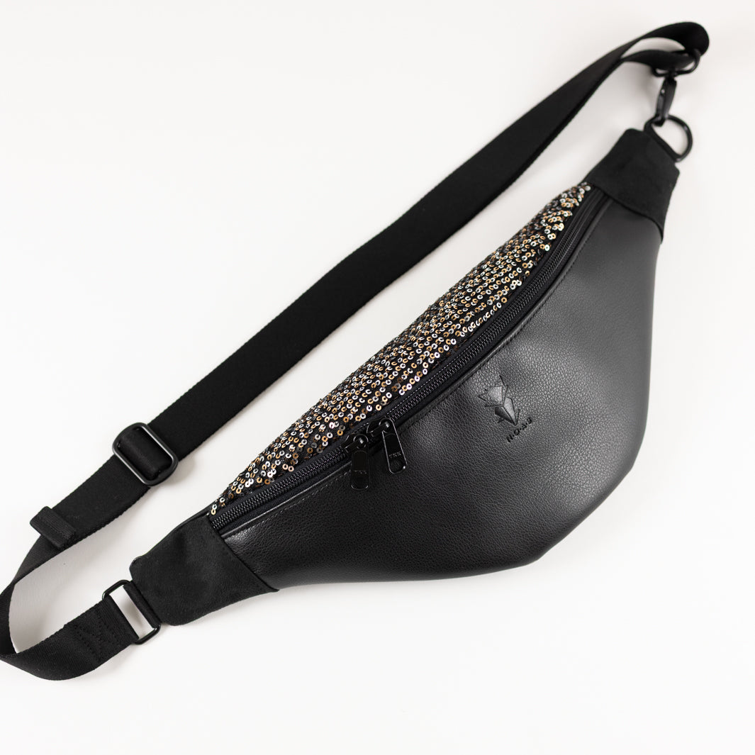 NOAS Bauchtasche Pailetten Silber Gold Schwarz – Size L mit Reißverschlusstasche