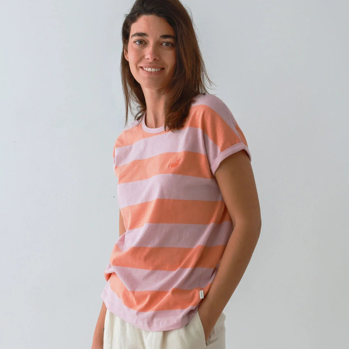 TWOTHIRDS Santandria gestreiftes Damen T-Shirt orange oink aus Bio-Baumwolle mit lockerer Passform